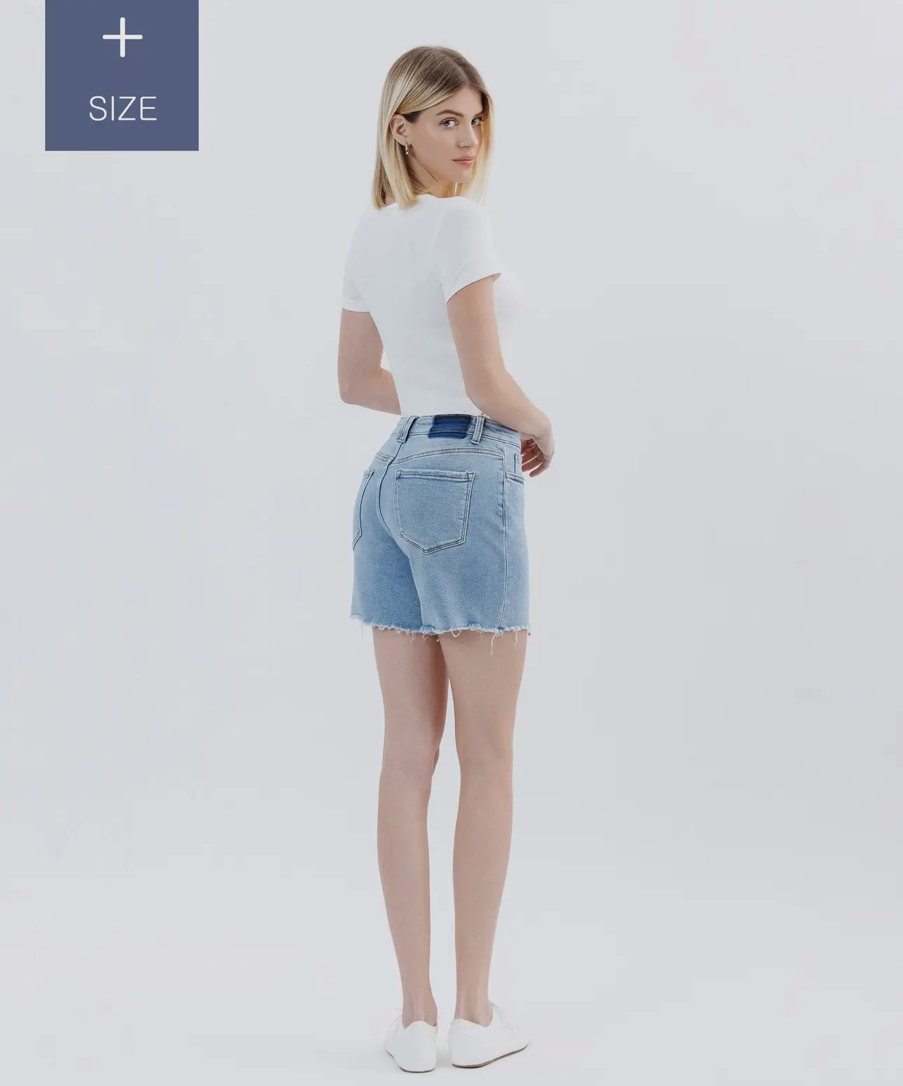 Lovervet by Vervet Plus Size High Rise Raw Hem Midi Shorts