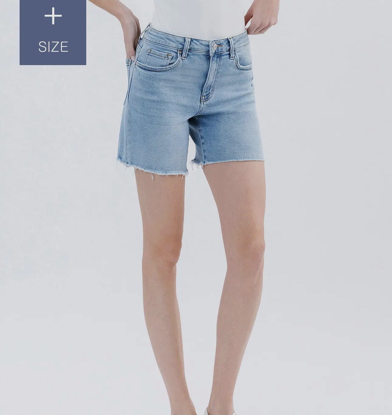 Lovervet by Vervet Plus Size High Rise Raw Hem Midi Shorts