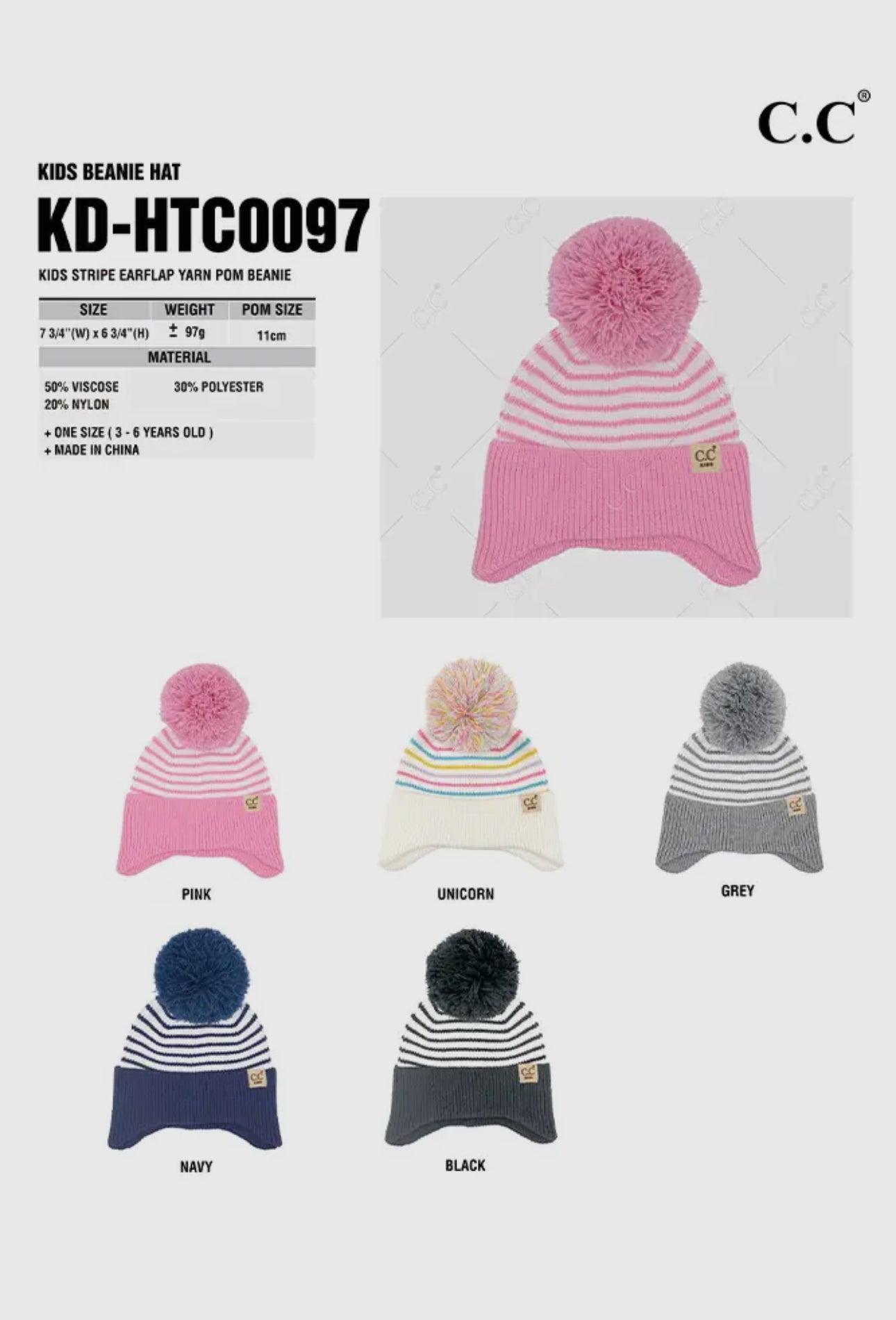 Unicorn C.C Kids Stripe Earflap Yarn Pom Beanie