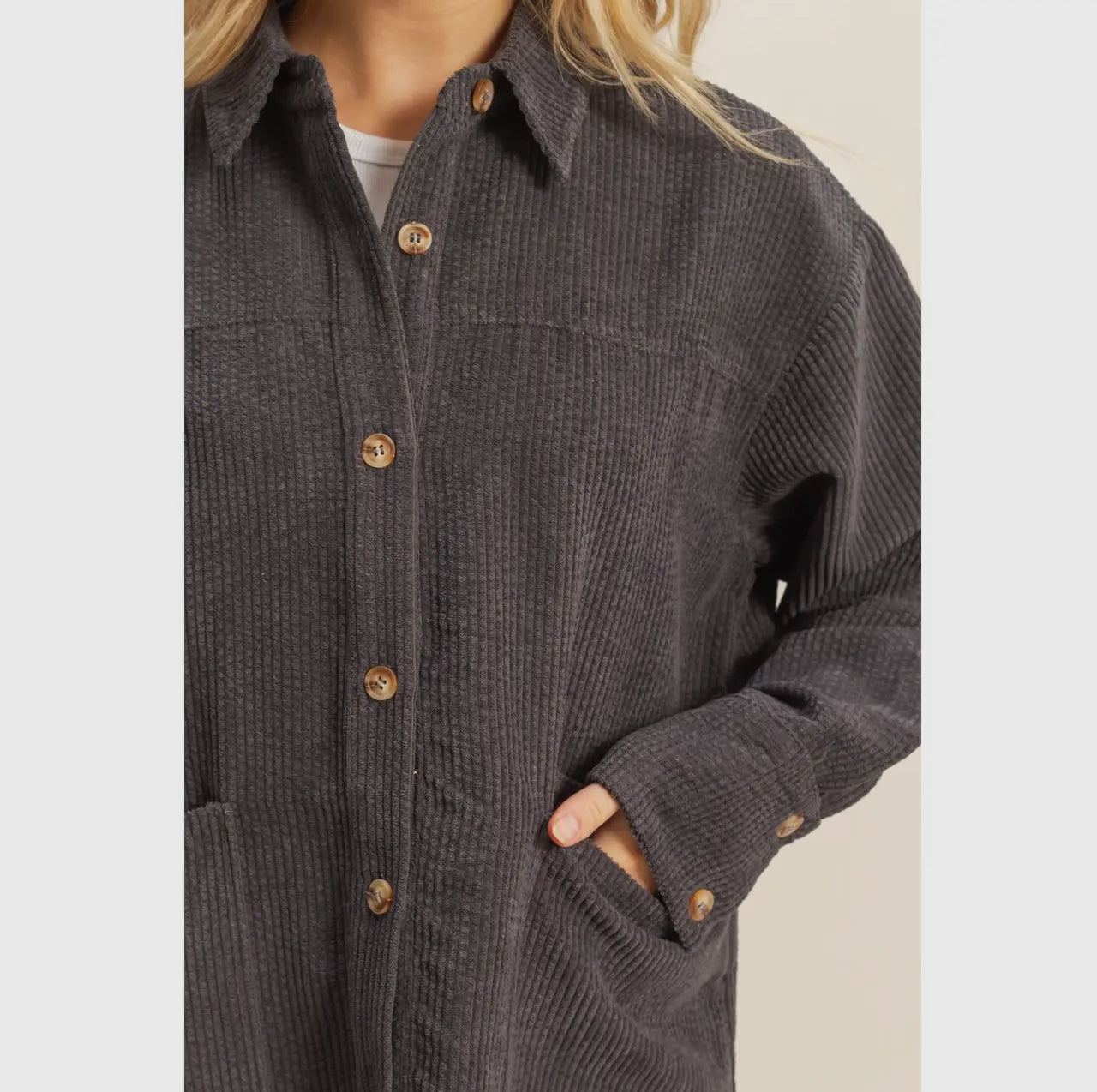 Gray Corduroy Shacket with Pockets