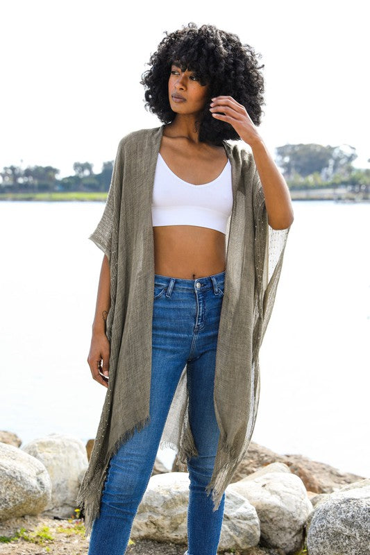 Sequin Border Frayed Trim Kimono