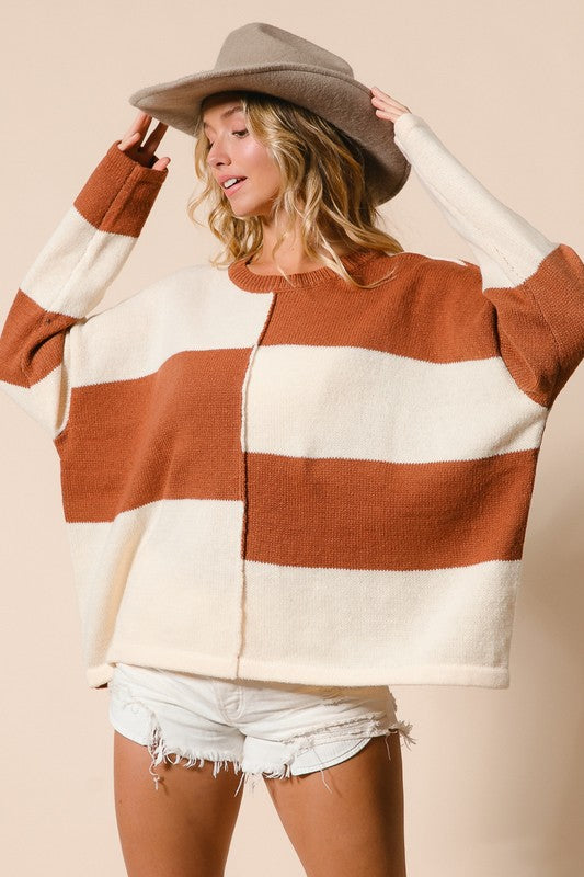 Brown Color Block Knit Sweater