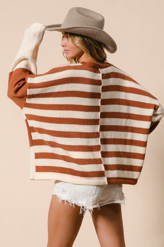 Brown Color Block Knit Sweater