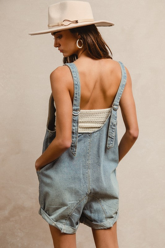 Washed Denim Overall Shorts