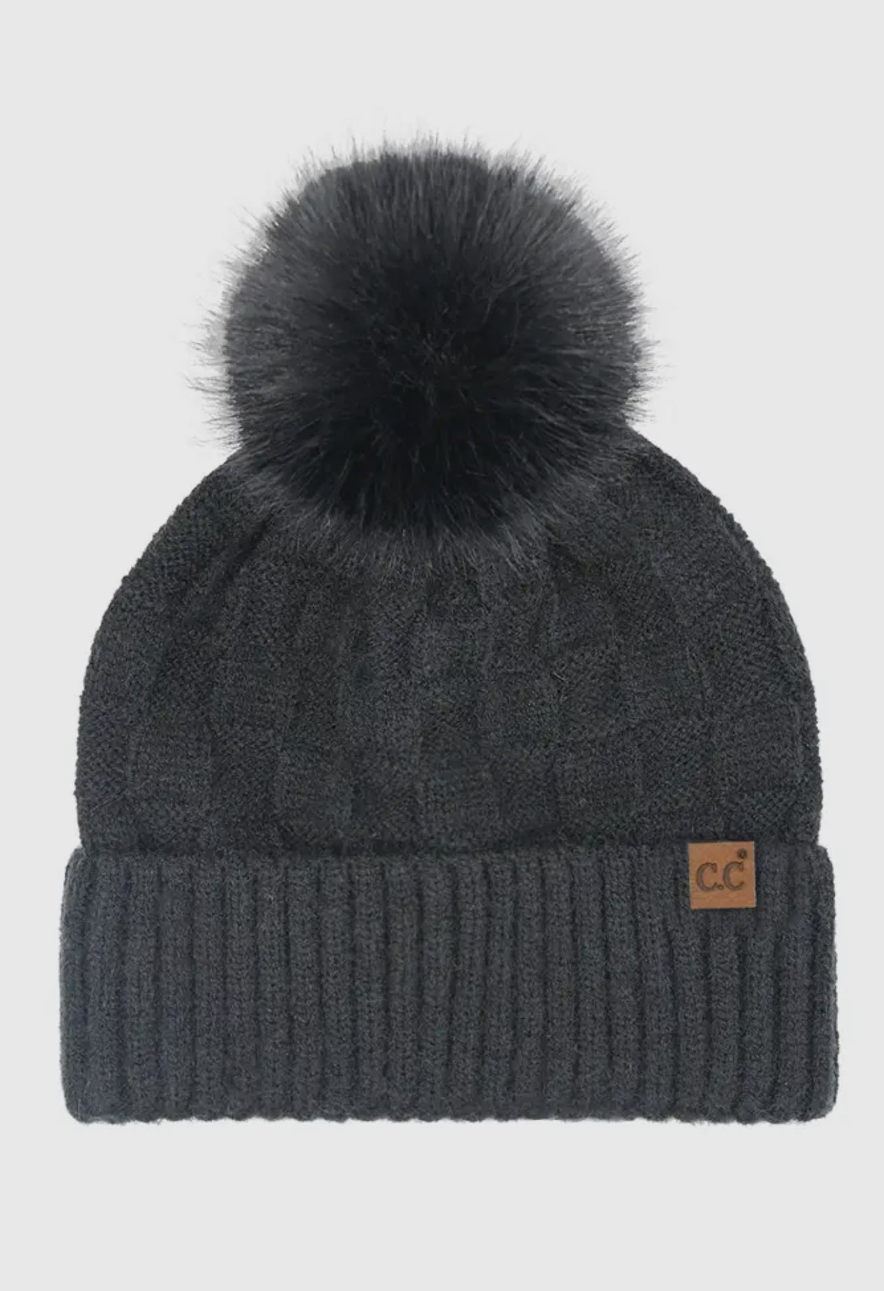 Black C.C Weaving Texture Knit Pom Beanie