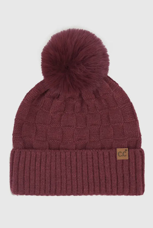 Burgundy C.C Weaving Texture Knit Pom Beanie