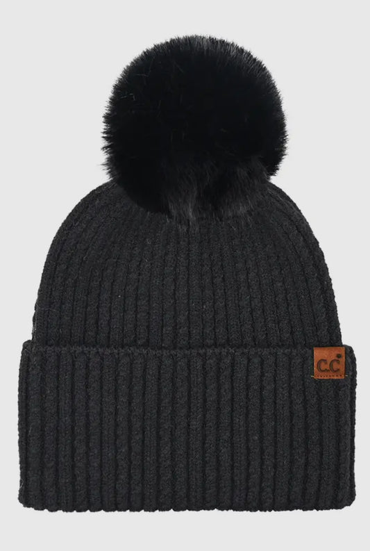 C.C Cable Cuff Pom Beanie - Black