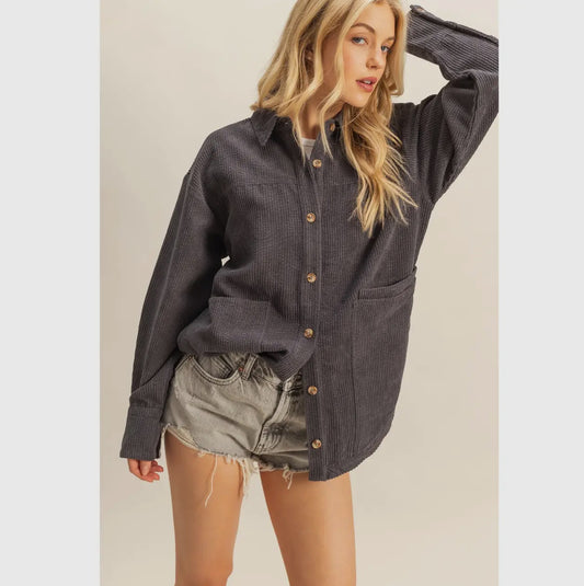 Gray Corduroy Shacket with Pockets