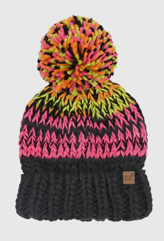 Black C.C Multi Color Chunky Yarn Pom Beanie