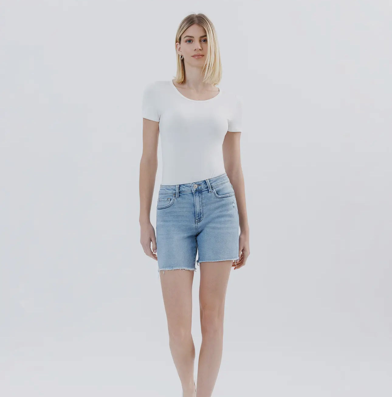 Lovervet by Vervet High Rise Raw Hem Midi Shorts