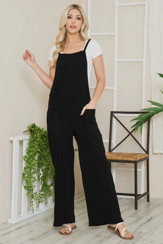 Black Wide Leg Cotton Rib Overalls