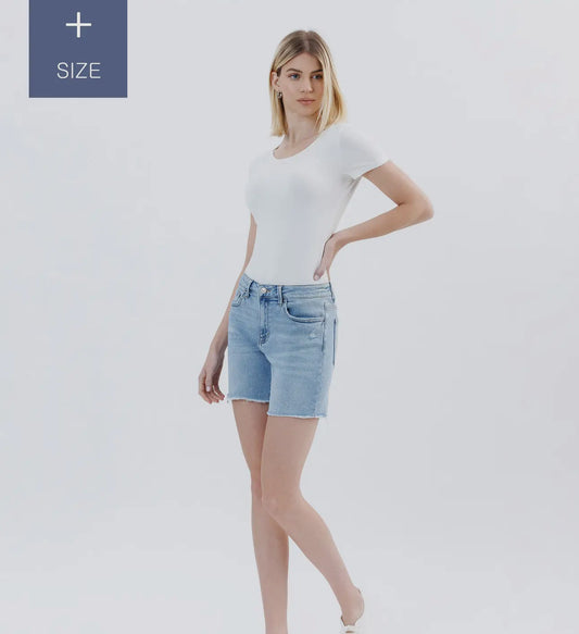 Lovervet by Vervet Plus Size High Rise Raw Hem Midi Shorts