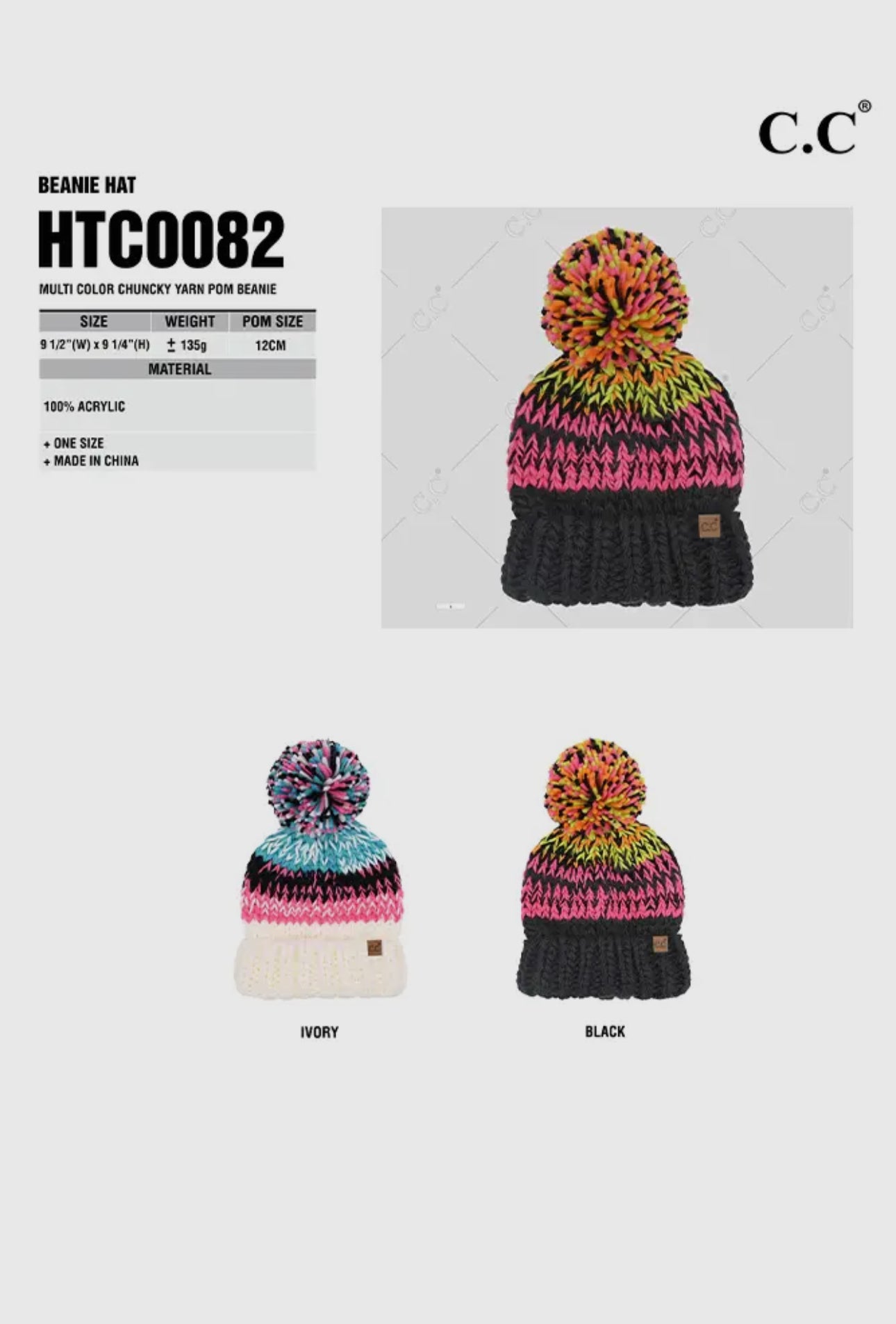 Black C.C Multi Color Chunky Yarn Pom Beanie