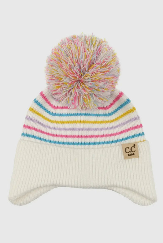 Unicorn C.C Kids Stripe Earflap Yarn Pom Beanie