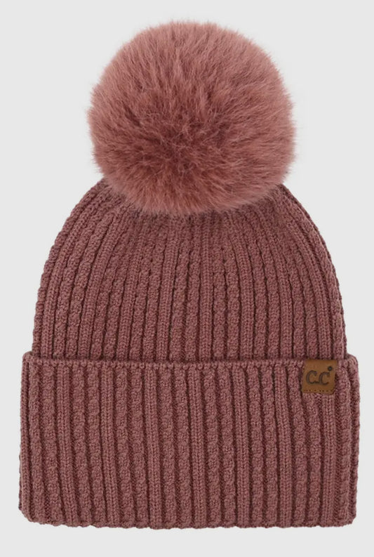 C.C Cable Cuff Pom Beanie - Berry