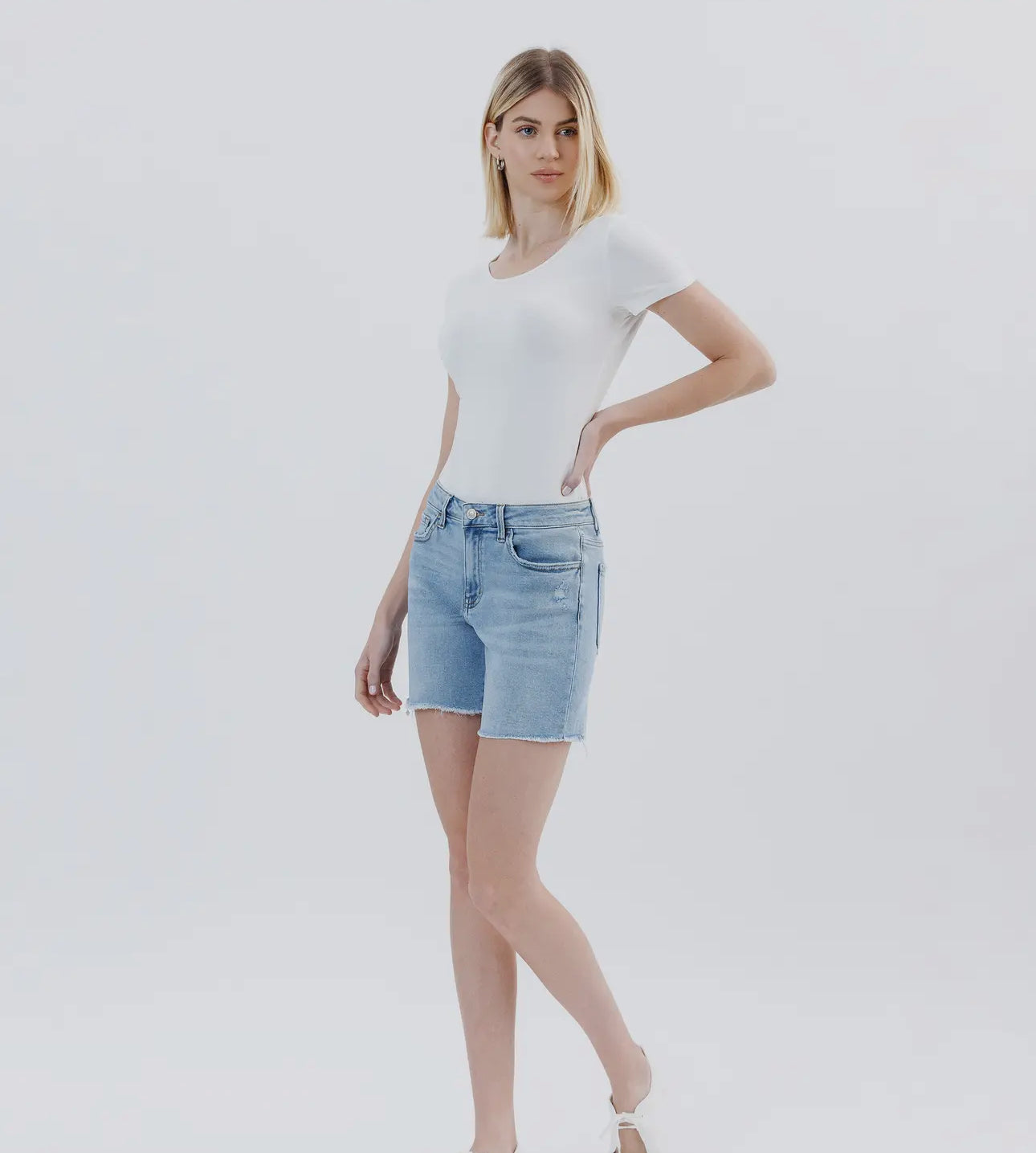 Lovervet by Vervet High Rise Raw Hem Midi Shorts