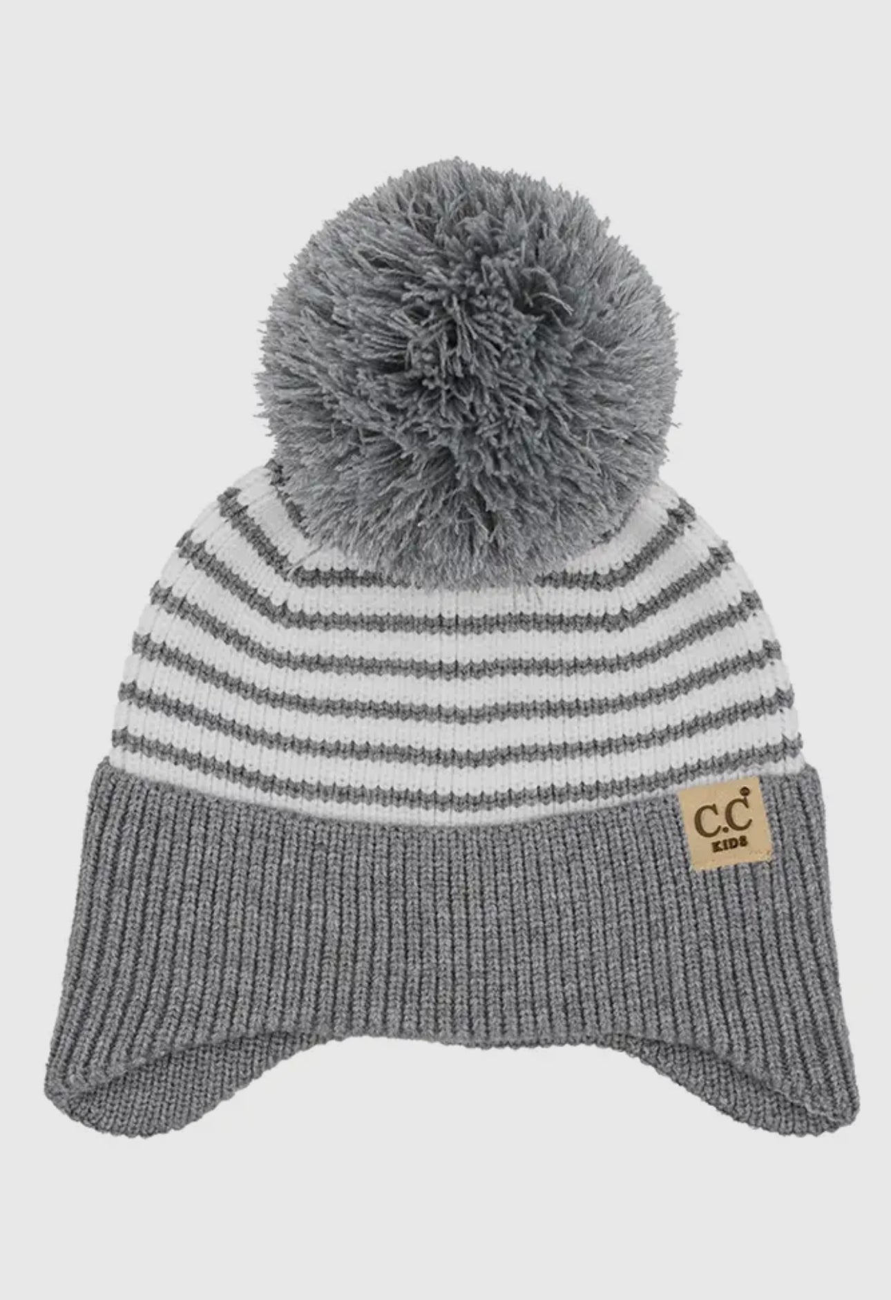 Gray C.C Kids Stripe Earflap Yarn Pom Beanie