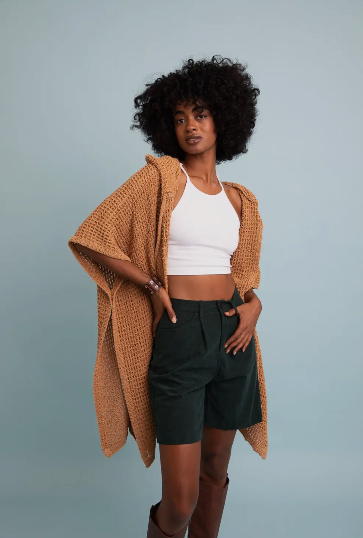 Waffle Hooded Ruana - Cozy Knit Wrap with Open Front