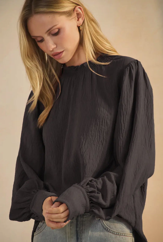 Black Solid Airflow Long Sleeve Blouse