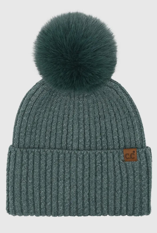 C.C Cable Cuff Pom Beanie - Forest Green