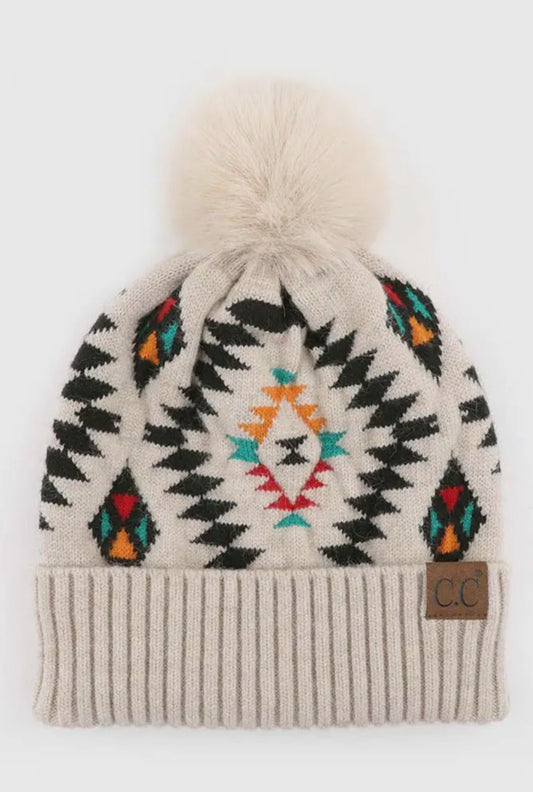 Beige C.C Soft Aztec Pattern Beanie