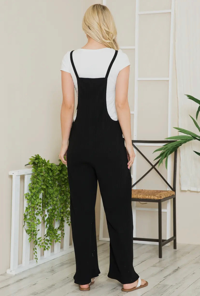 Black Wide Leg Cotton Rib Overalls