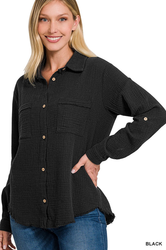 Black Double Gauze Button Down