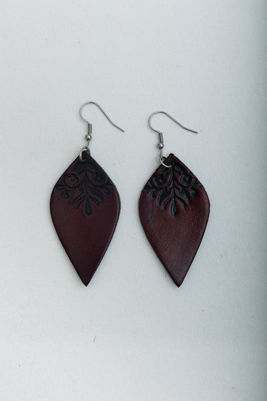 Engraved Leaf Leather Earrings