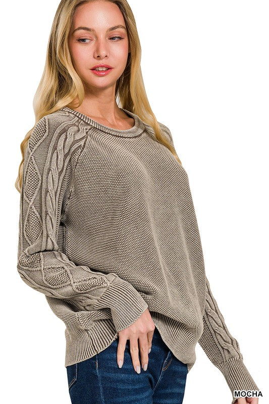 Stone Washed Cable-Sleeve Sweater