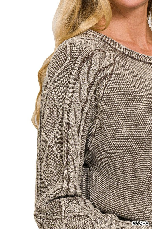 Stone Washed Cable-Sleeve Sweater