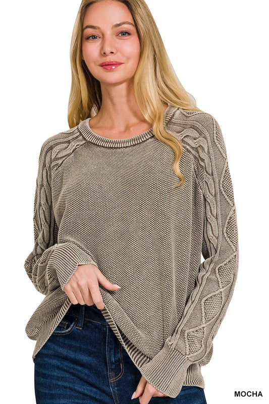 Stone Washed Cable-Sleeve Sweater