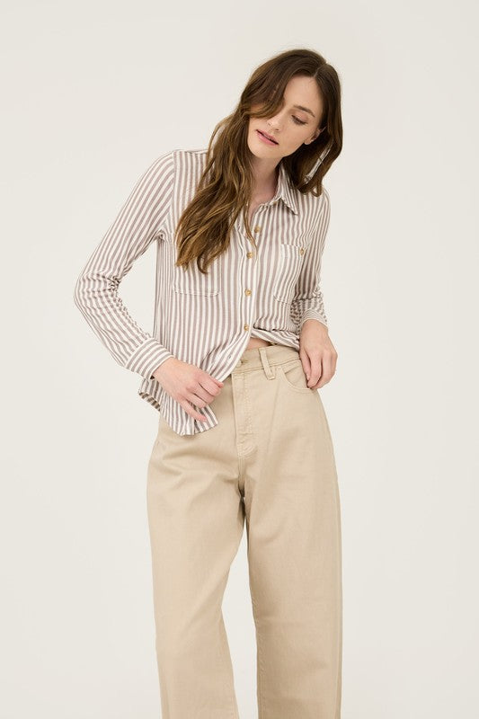 Plus Mocha Striped Button Down