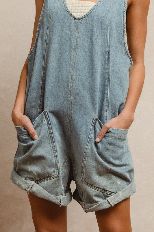 Washed Denim Overall Shorts