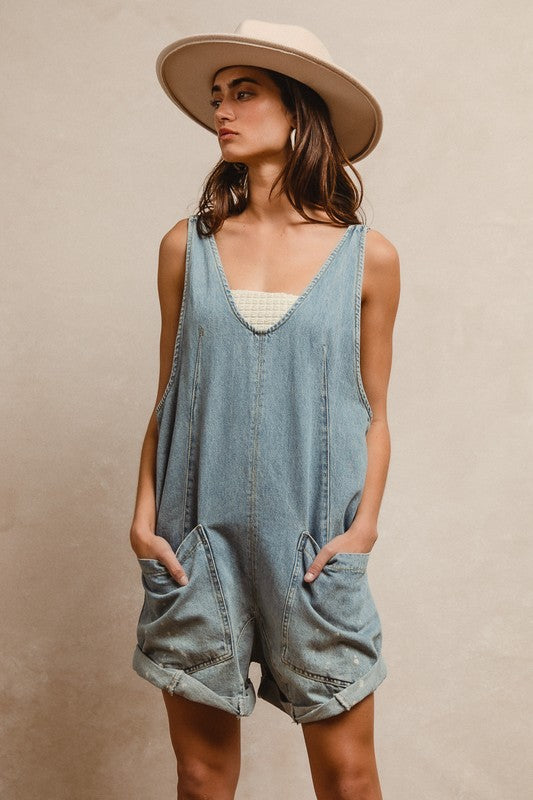 Washed Denim Overall Shorts