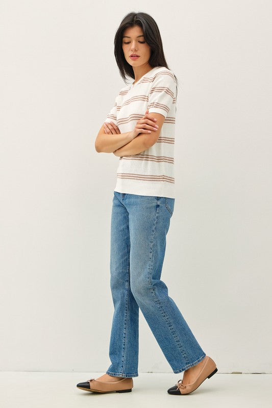 Triple Striped Short Sleeve Sweater