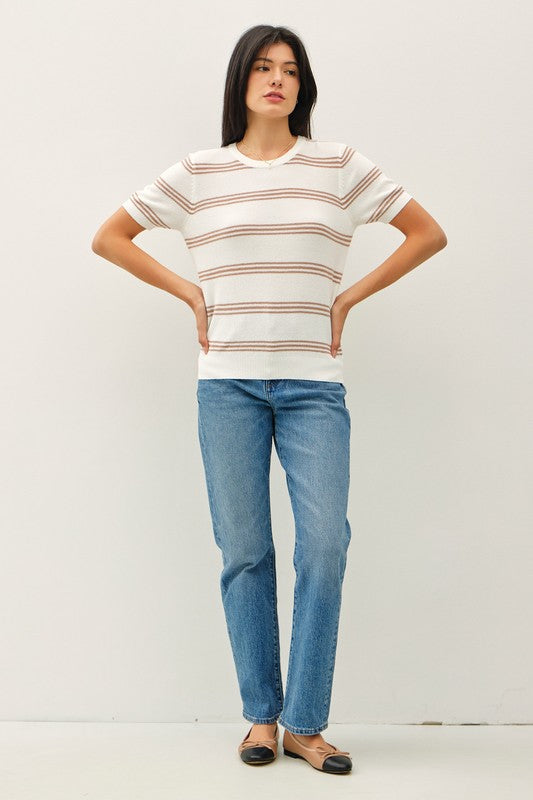 Triple Striped Short Sleeve Sweater