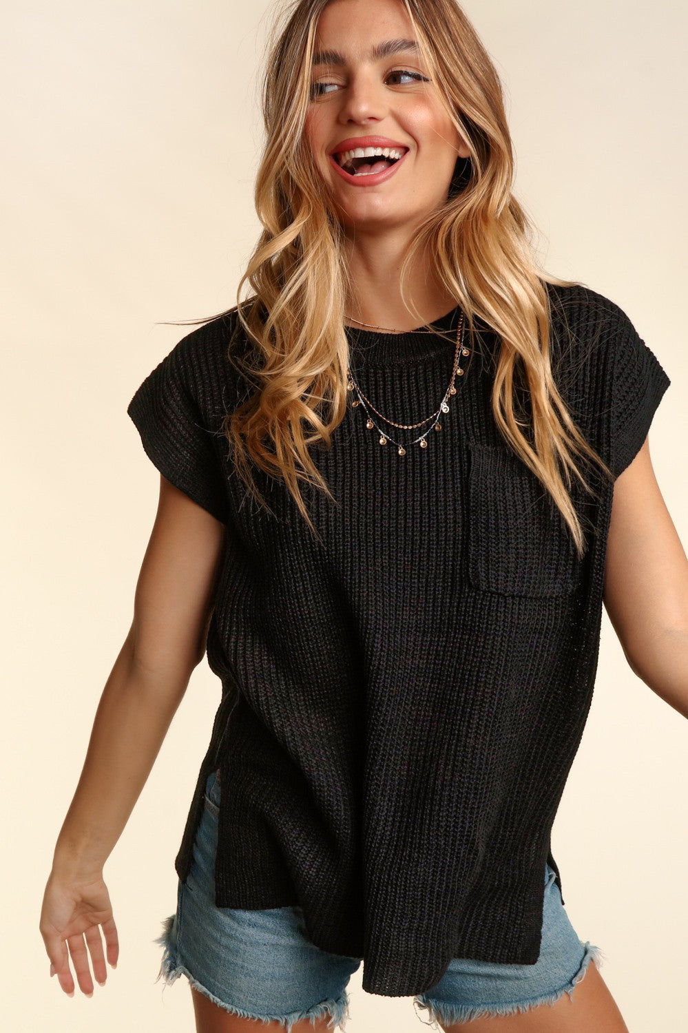 Ribbed Sweater Knit Top with Pocket - Black